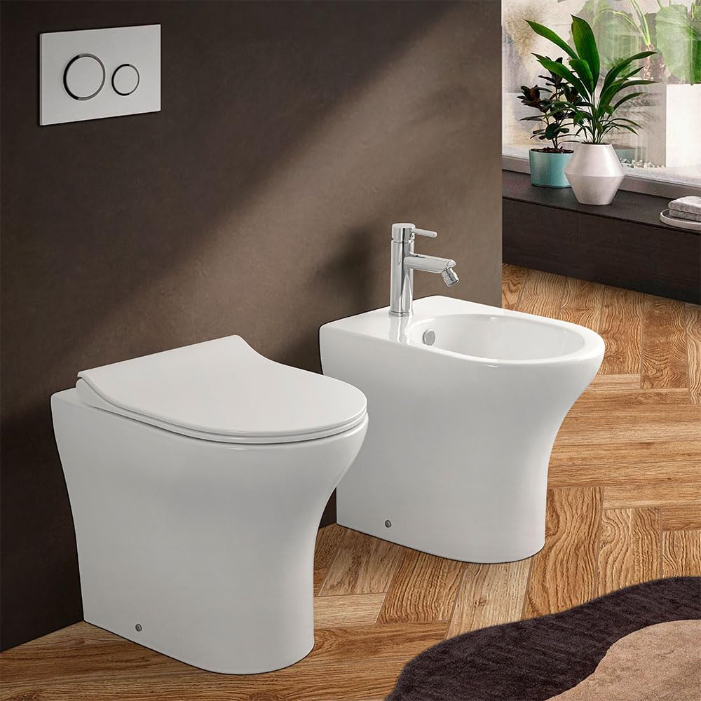 Wc singolo filomuro bianco lucido senza brida, scarico universale a parete o a pavimento, fissaggi inclusi, ITACA