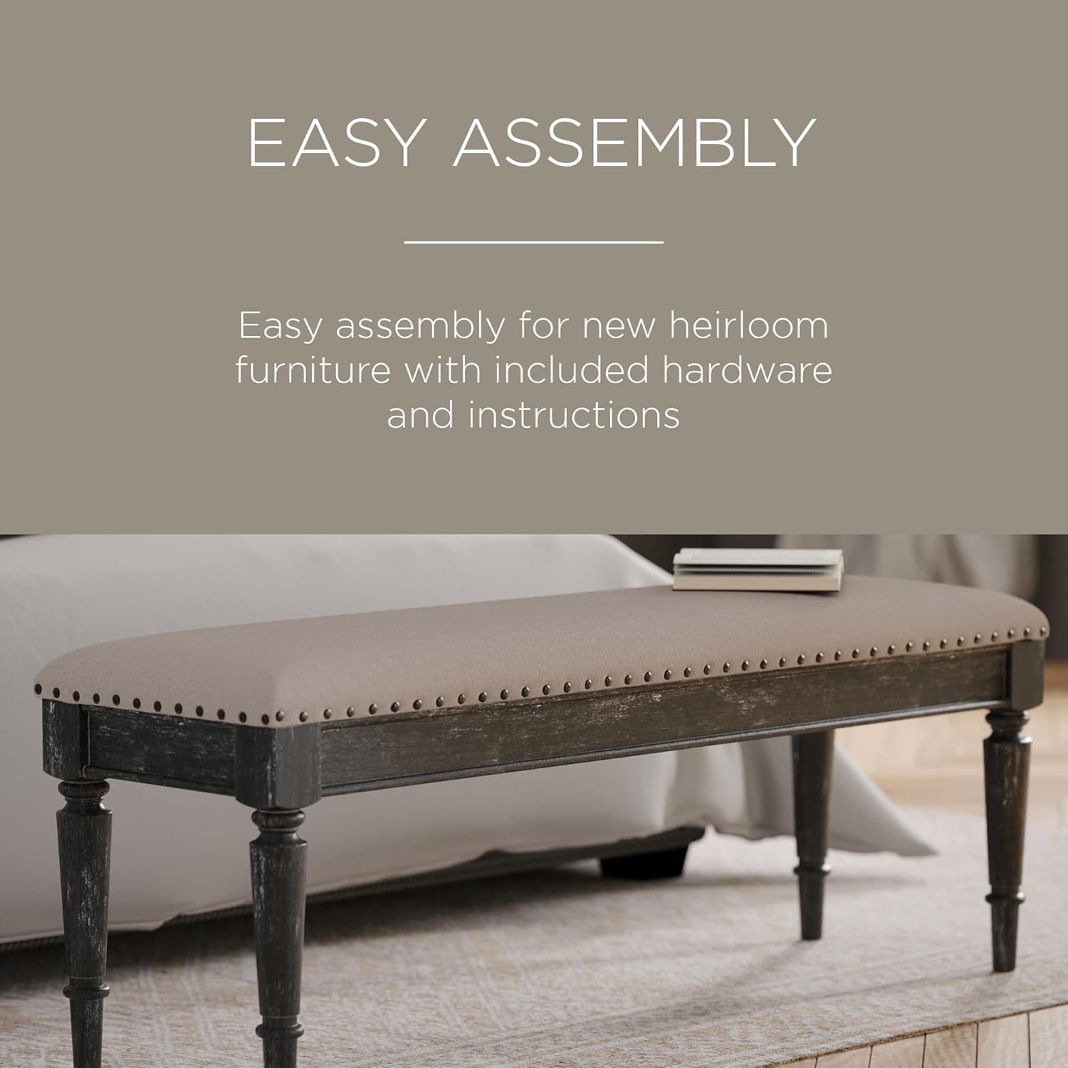 Maven Lane Elizabeth Traditional Wooden Upholstered Bench, Padded Seat for Kitchen Dining Room Table or Entryway in Antiqued Black Finish