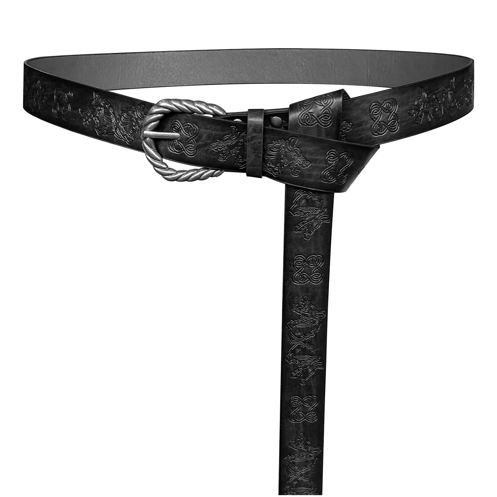 Hiifeuer Unisex Black Viking Fenrir Embossed Faux Leather Buckle Belt, Medieval Knight Belt (Black)