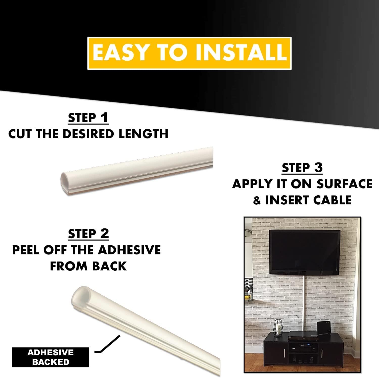 Kable Kontrol Cord Cover Cable Raceway Kit, 107”in Cable Cover Channel, Paintable Self-Adhesive Cable Management Wire Concealer, Cord Hider for Wall Mounted Tv, 0.43” W x 0.50” H –8 Pcs – White