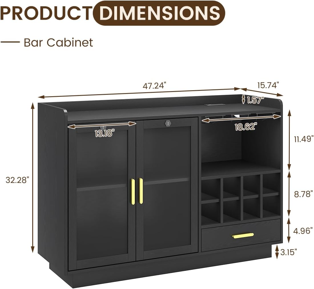 COCO DESIGN Modern Wine Bar Cabinet with LED Light & Locked Glass Door, Floating Coffee Bar with Power Outlets & Glass Rack, Black Buffet Sideboard with Removable Wine Rack and Drawer for Living Room