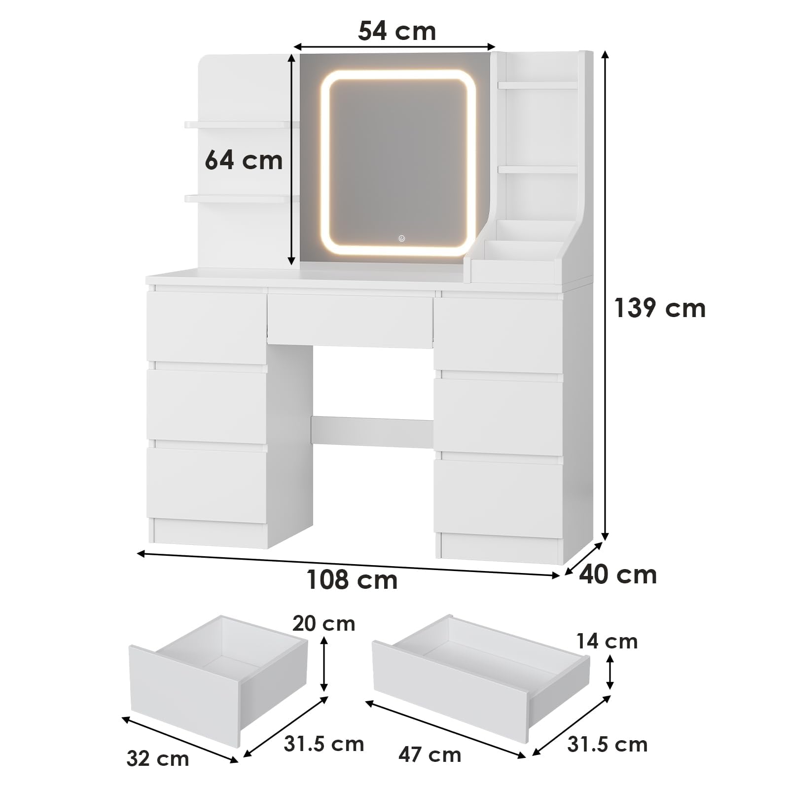 TRIUMPHKEY Toeletta Trucco con Specchio LED XL, Postazione Trucco 110cm con 7 Cassetti Alti per Bottiglie, 3 Ripiani, Design Eco-Sostenibile RCS, Regalo Perfetto, Bianco