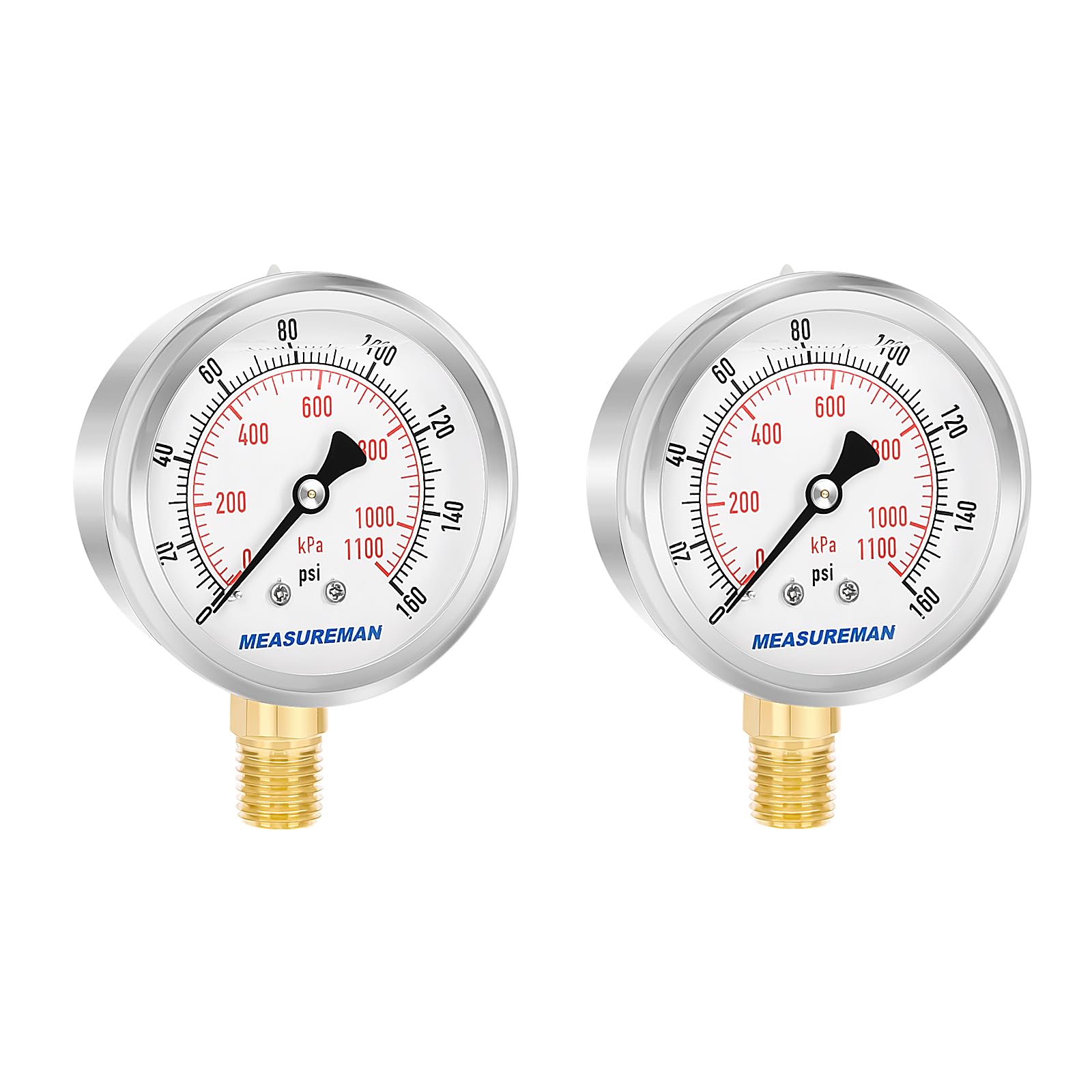 Glycerin Filled Pressure Gauge - 0-160 PSI, 2.5" Dial, 1/4" NPT Lower Mount, Industrial Grade
