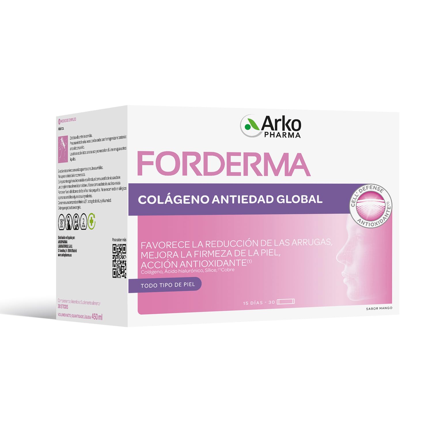 Arkopharma Forderma Antiedad Global, Colágeno hidrolizado, Mejora de la elasticidad de la piel, Reduce arrugas, Sabor Mango, Apto en embarazo y lactancia, Complemento alimenticio