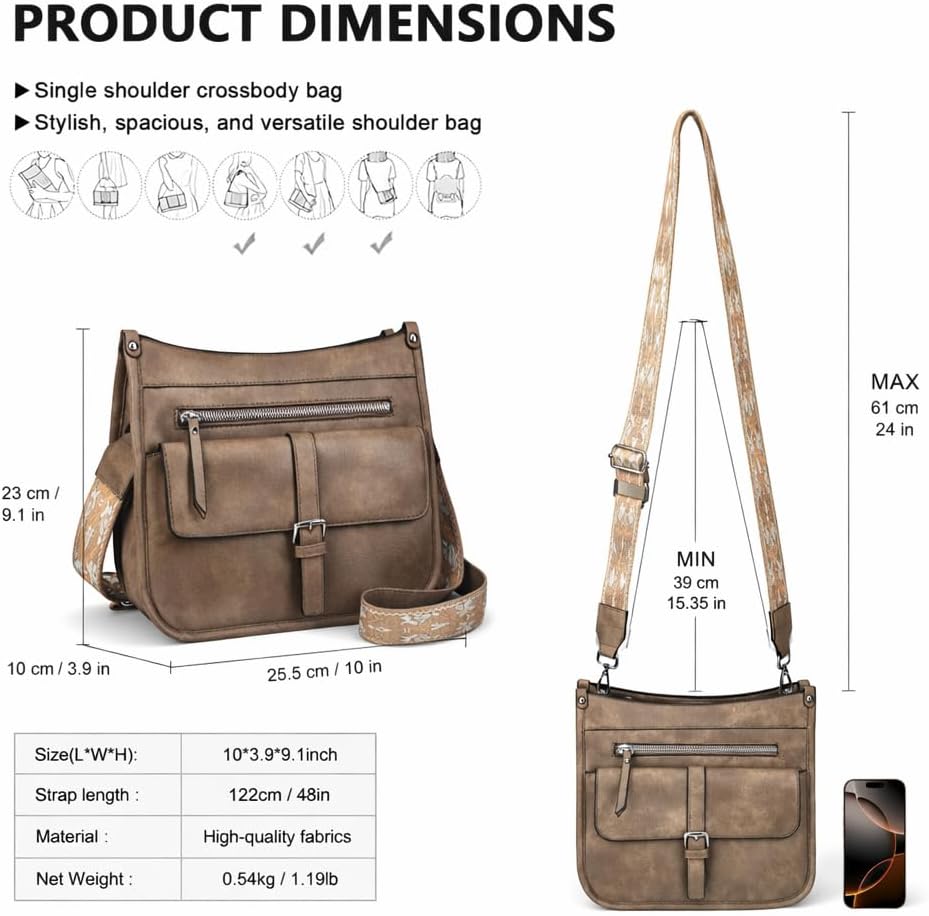 Crossbody Bags for Women Trendy, Vegan Leather Guitar Strap Purse Multi Pocket Medium Shoulder Bag Purses for Women
