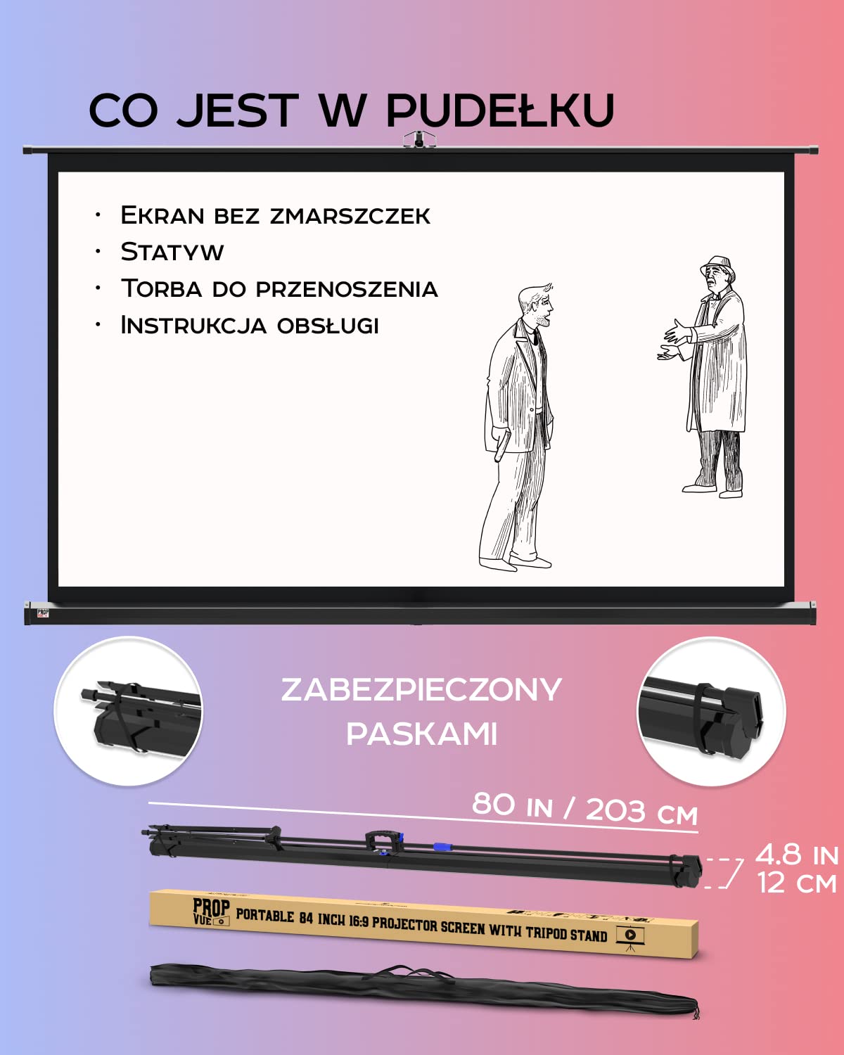 PropVue Ekran projektorowy z podstawą 84" - Ekran projekcyjny do wewnątrz i na zewnątrz do prezentacji filmowej lub biurowej - 16:9 HD Premium bez zmarszczek z statywem i mocnym paskiem, z torbą