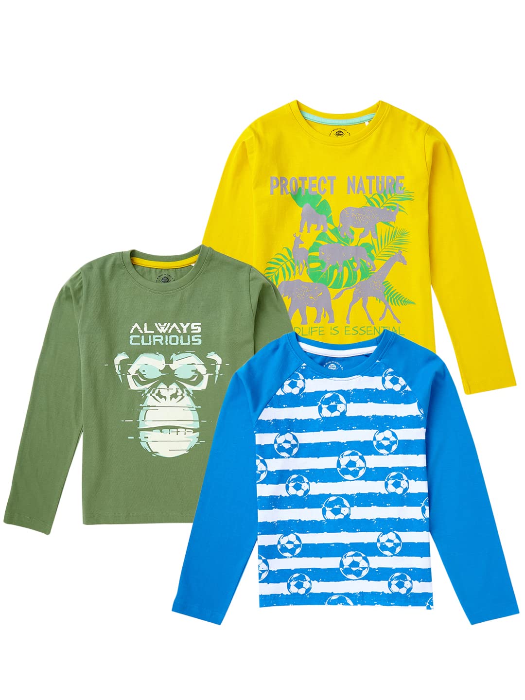 Cub McPaws Boys Pack of 3 T-Shirts | Full Sleeves | 100% Cotton | 4 to 12 Years | Brilliant Basics Range