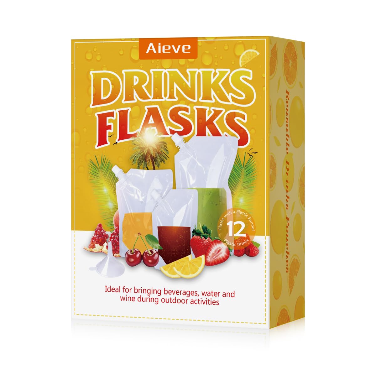 AIEVE 12 Pack Drinks Pouches for Festivals, Alcohol Liquor Juice Pouches Concealable Plastic Flasks, Reusable Drinks Flasks Leak Proof with Spout/Funnel, 250ml,420ml,500ml