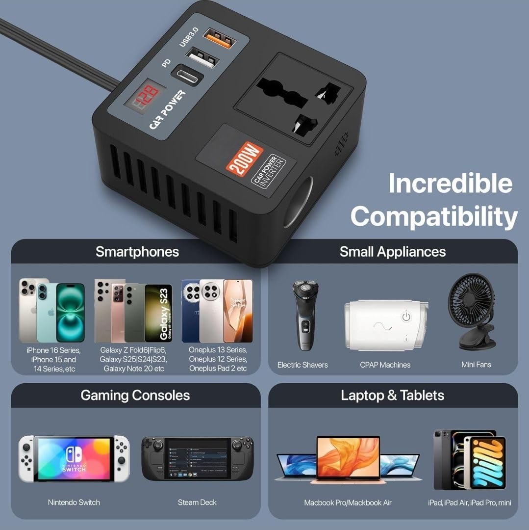 200W Car Power Inverter with 2 USB Ports (18W & 15W QC3.0), 1 USB-C 30W PD, 2 AC Universal Outlets, 12V DC to 220V AC Converter for Laptop, Phone, and Electronics Charging (Plug Car Charger) 25 61KkSto9+TL. SL1080