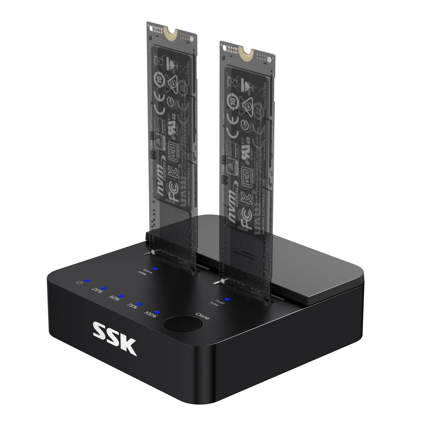 SSK Dock Disque Dur Cloner SSD M.2 NVMe SATA, Double Baie 20Gbps USB 3.2 Gen 2x2 Station d'accueil, Adaptateur USB pour SSD PCIe M Key/B+M Key avec Clonage Hors Ligne
