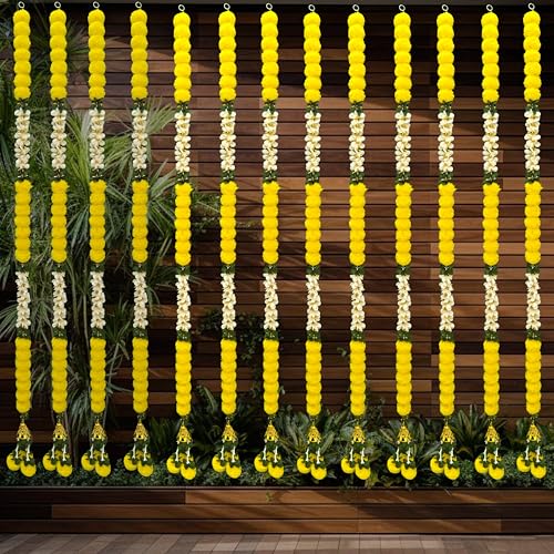 Image of iHandikart Pack of 2 Artificial Yellow Marigold Flower Garlands with White Jasmine Leaves (72 Inch) - Extra Long Decorative Floral Strings for Pooja, Temple, Wedding Backdrop, Diwali, Haldi & Mehandi