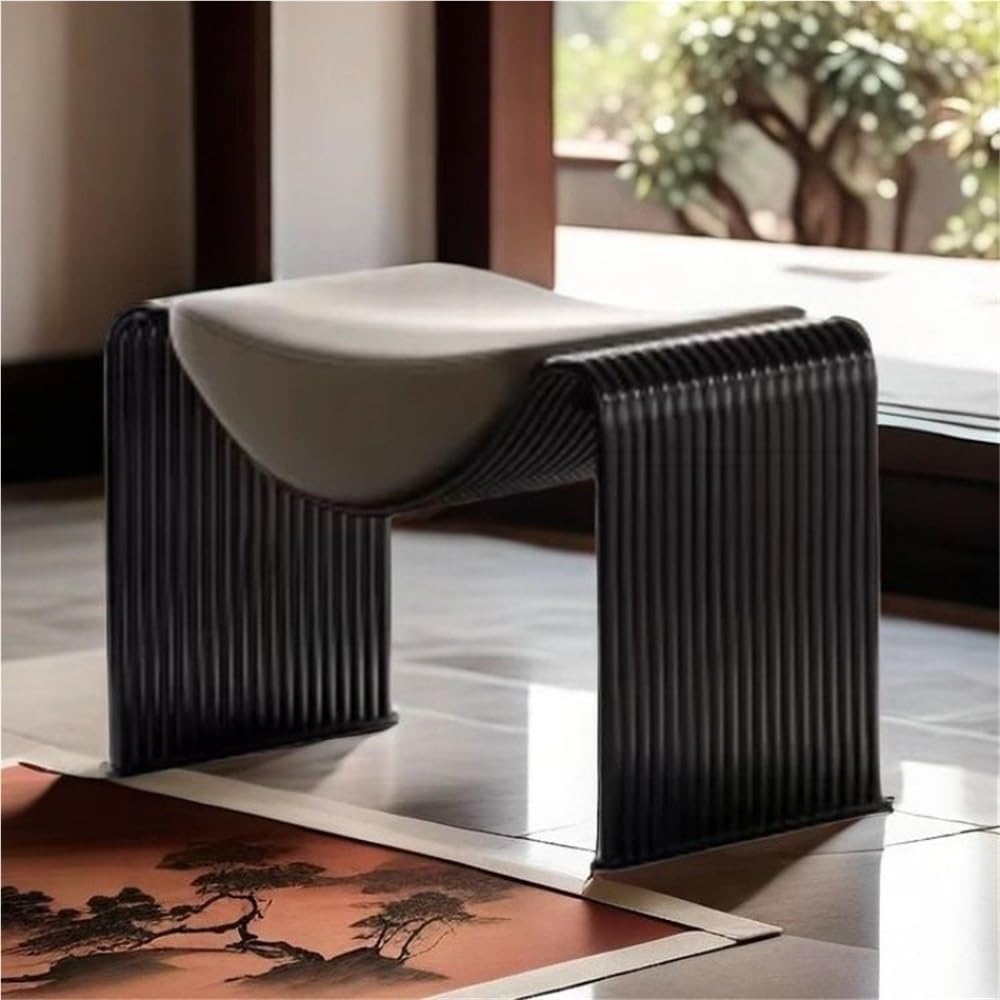 Minimalist Metal-Frame Entryway Stool with Leather Cushion Modern Vanity Bench Shoe Stool for Entryways Living Room Creative idea(Black)