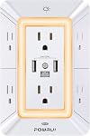 3-Sided Power Bars with Surge Protector, POWRUI 6-Outlet Extender with 3 USB Ports (1 USB C) and Night Light, Multi Plug Outlet and Spaced Outlets Adapter, ETL, White