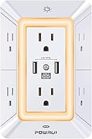 POWRUI 6 Outlet Surge Protector with 3 USB Ports (1 USB-C), Night Light, 1680J Protection, Wide Spaced Outlets, ETL Listed Power Strip - White