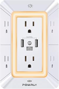 3-Sided Power Bars with Surge Protector, POWRUI 6-Outlet Extender with 3 USB Ports (1 USB C) and Night Light, Multi Plug Outlet and Spaced Outlets Adapter, ETL, White