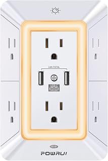 POWRUI 6 Outlet Surge Protector with 3 USB Ports (1 USB-C), Night Light, 1680J Protection, Wide Spaced Outlets, ETL Listed Power Strip - White