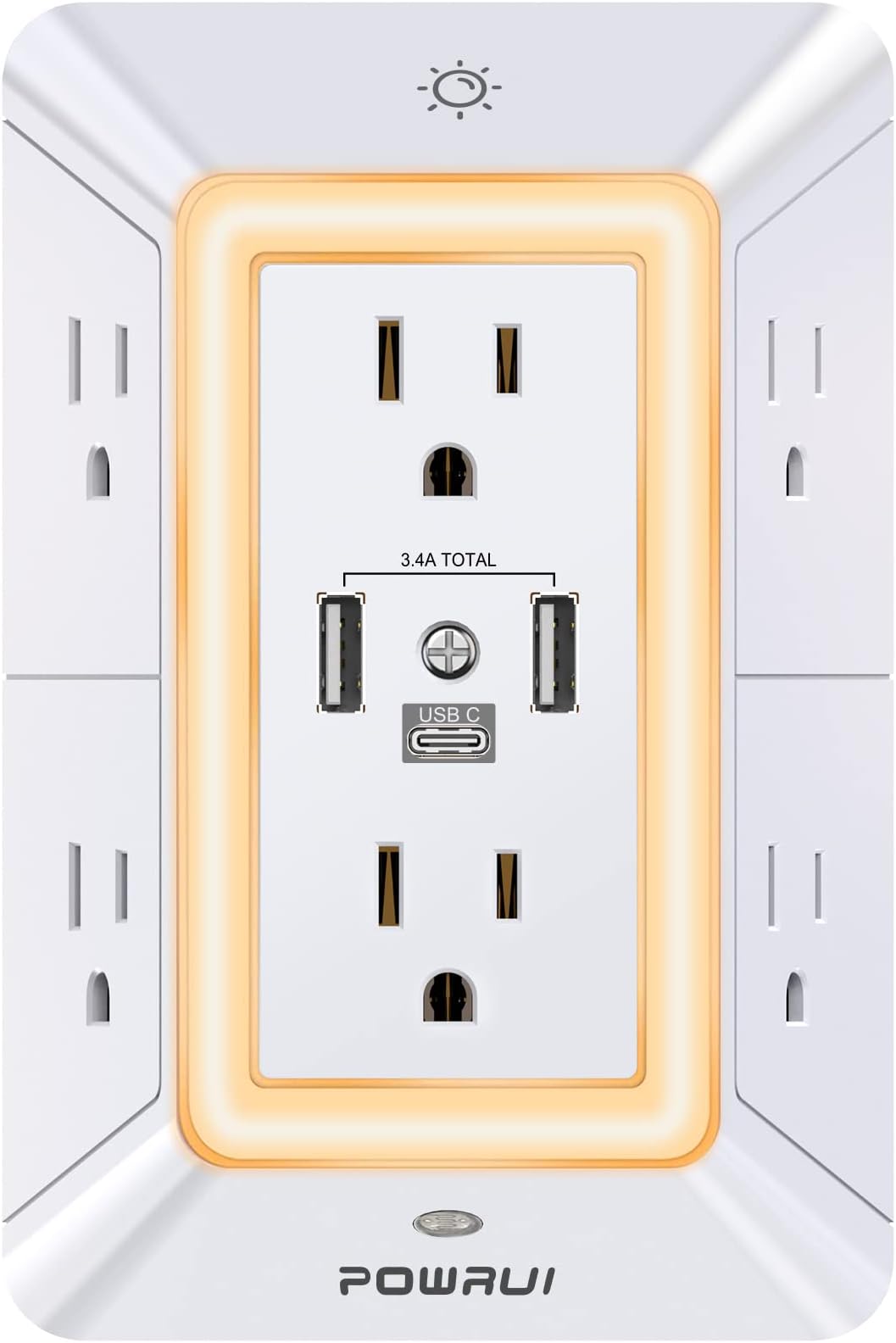 Multi Outlet Surge Protector - 6 Outlet Extender with 3 USB Ports (1 USB C) & Night Light, 3 Side Power Strip with Spaced Outlets Adapter, Color