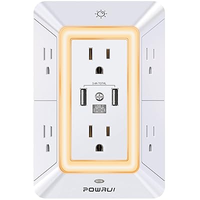POWRUI Multi Plug 6 Outlet Surge Protector Extender with 3 USB Ports (1 USB C) and Night Light, 3-Sided Power Strip with Adapter Spaced Outlets, ETL Listed, White