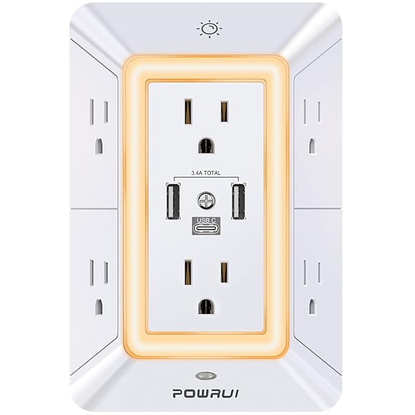 POWRUI Multi Plug 6 Outlet Surge Protector Extender with 3 USB Ports (1 USB C) and Night Light, 3-Sided Power Strip with Adapter Spaced Outlets, ETL Listed, White