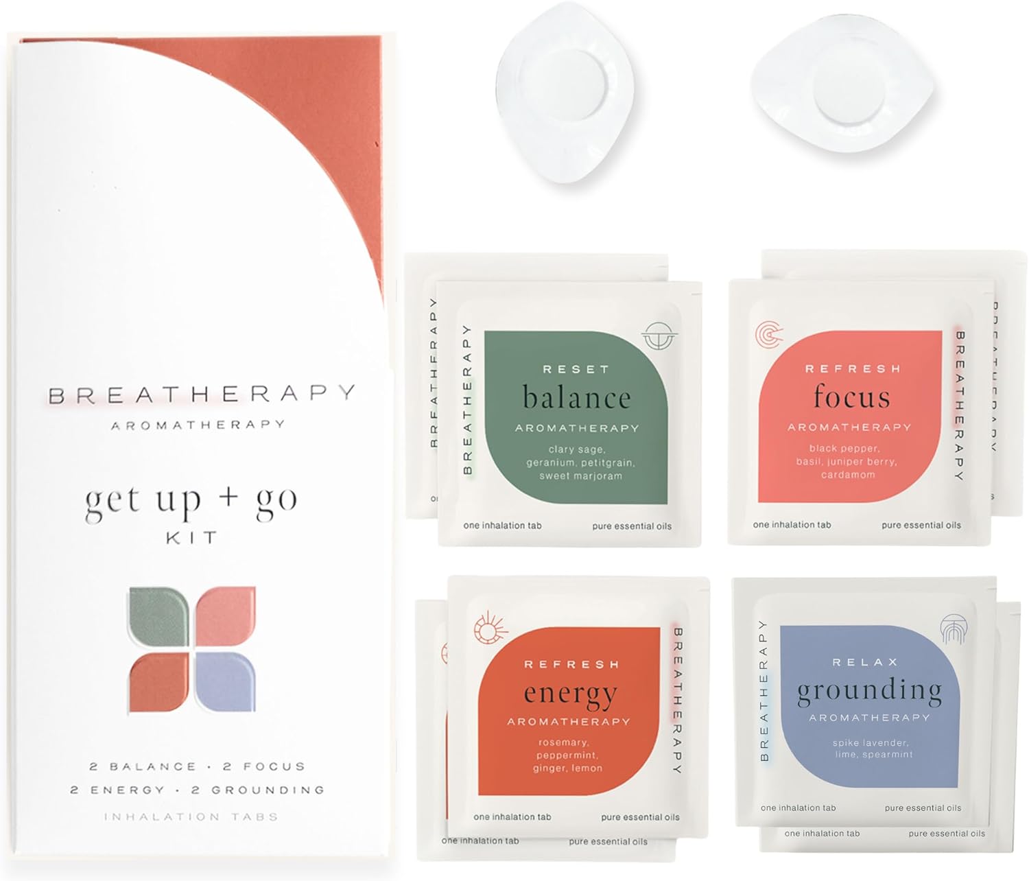 Get Up + Go Kit – Pure Essential Oil Aromatherapy InhalationTabs, 8-Pack (2 Each: Energy, Focus, Balance, Grounding)