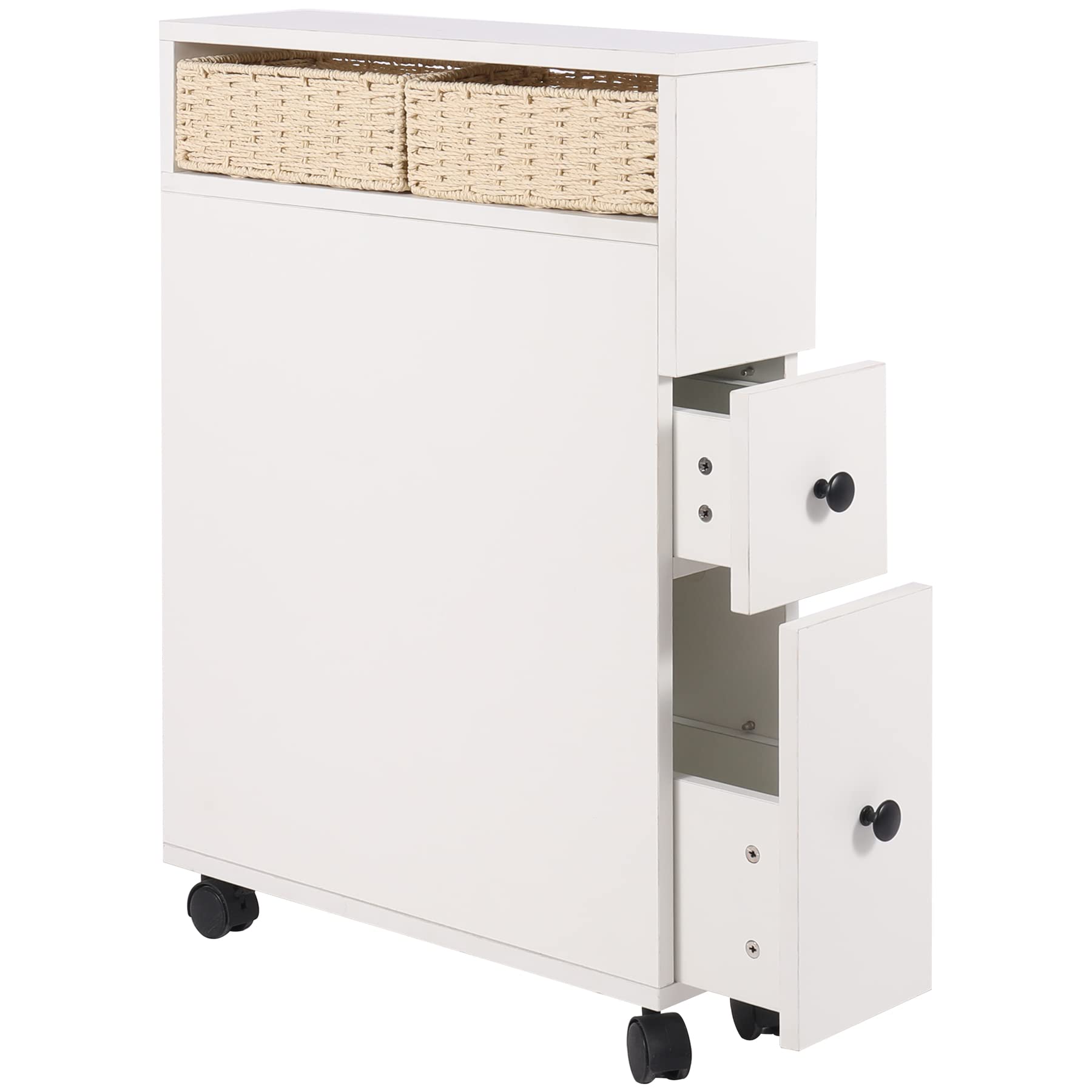 Slim Movable Bathroom Storage Cabinet, 6" W Narrow Toilet Paper Holder with Drawers and Wheels, Free Standing Bathroom Organizer for Small Spaces, White