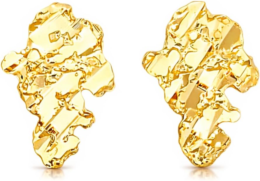 10k Yellow Gold Nugget Earrings Mens Womens Nugget 14 mm x 9.5 mm