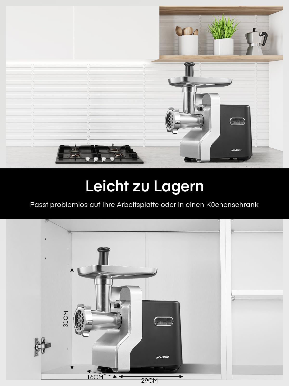 Fleischwolf Elektrisch, HOUSNAT 5 in 1 Elektrischer Fleischwolf, 700W 2800W Max Blockierleistung, mit 3 Edelstahl Loch-Scheiben(3/5/7mm) & 4 Kegel-Klingen, Wurstaufsatz, Kubbe-Aufsatz, Schwarz