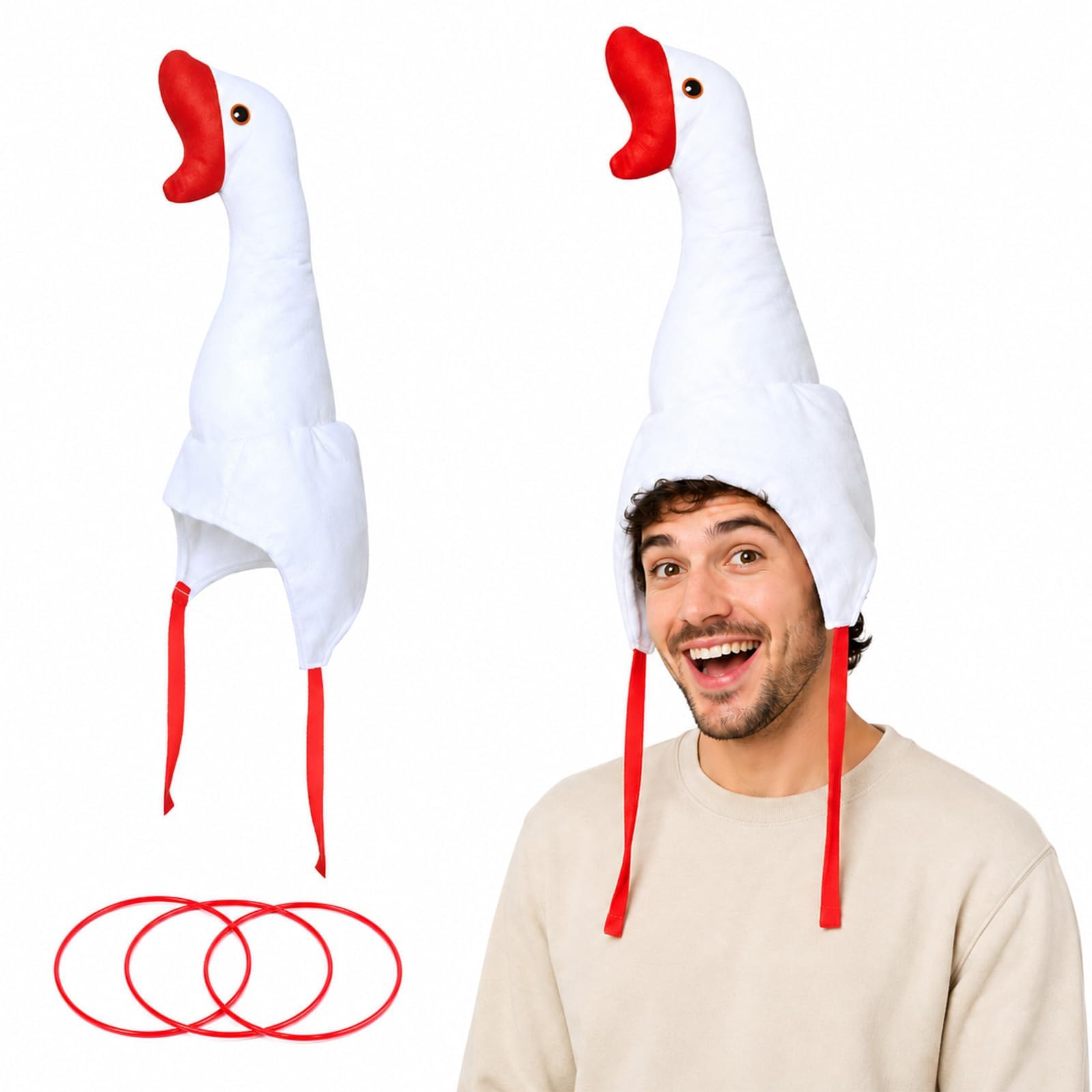 QhgPnt Goose Hat, Funny Hat for Adults, Novelty Hat for Cosplay Events and Halloween Parties, Four-Piece Set with One Goose Hat and Three Tossing Rings