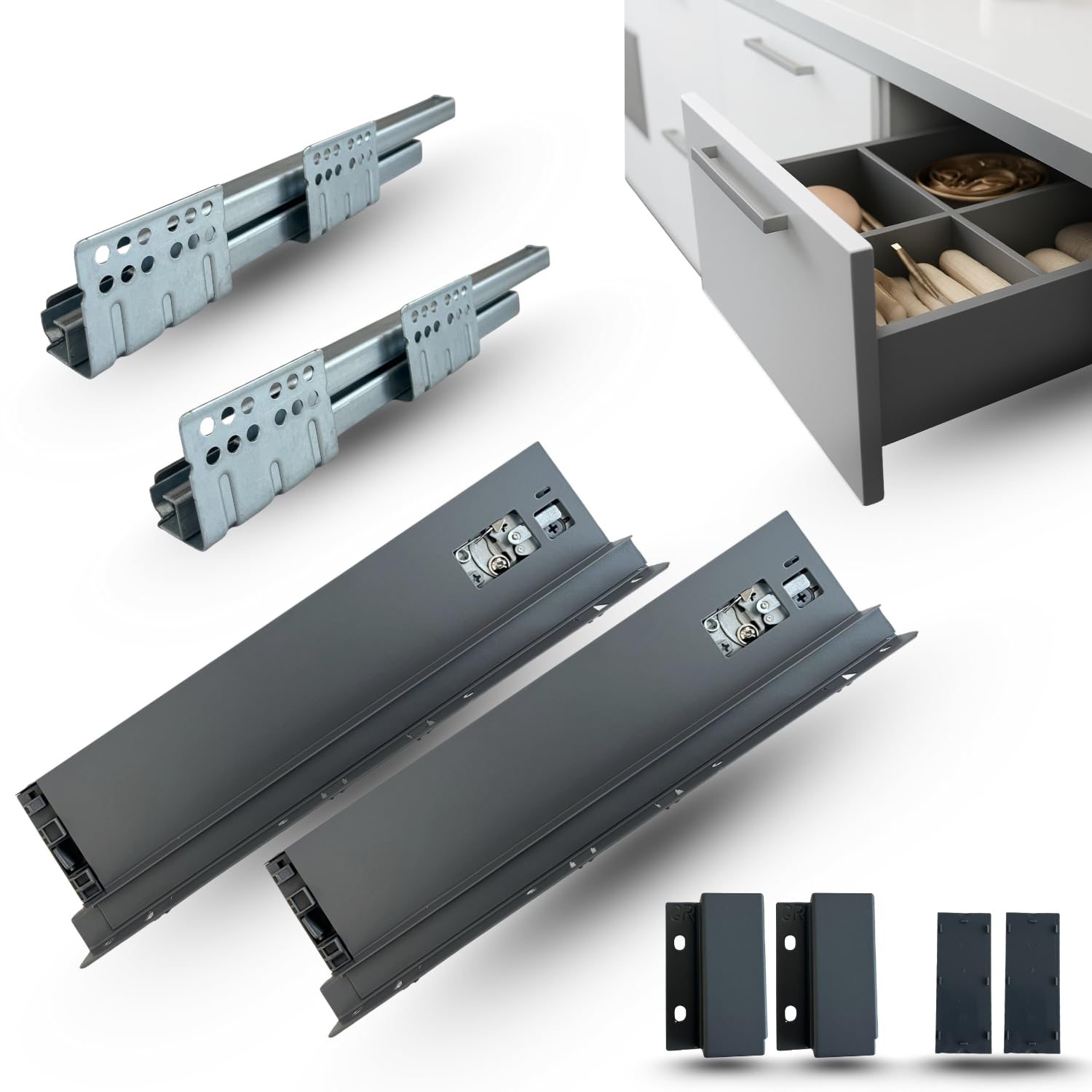 CASSETTO in KIT Ad Estrazione Totale per Ambiente Camera Bagno Cucina Ufficio - Nuovo Design SLIM, Portata 40kg, Guide Sincronizzate (H 88mm - P 450mm)