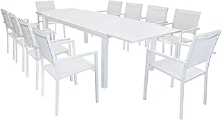 Milani Home s.r.l.s. Set Tavolo Giardino Rettangolare Allungabile 200/300 X 100 con 10 Poltrone in Alluminio Bianco da Esterno Giardino