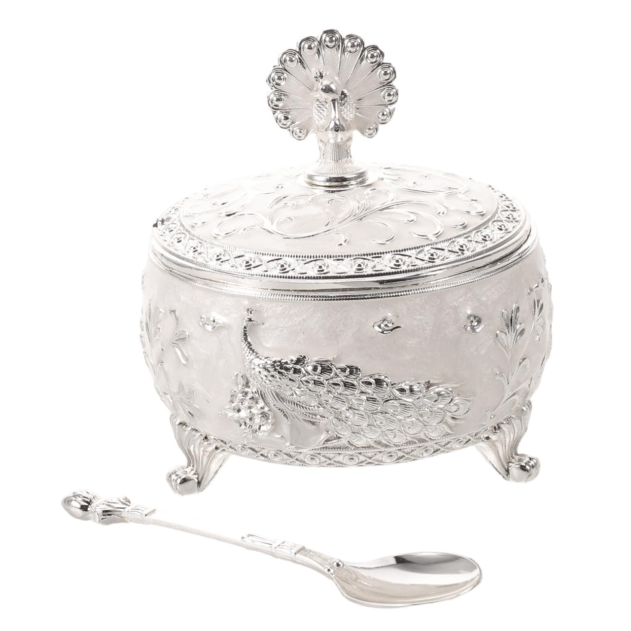 Zuccheriera da Cucina in Lega e Vetro con Coperchio e Cucchiaino, Design retrò Raffinato a Forma di Pavone, Facile da Pulire con Apertura per Piano Cucina