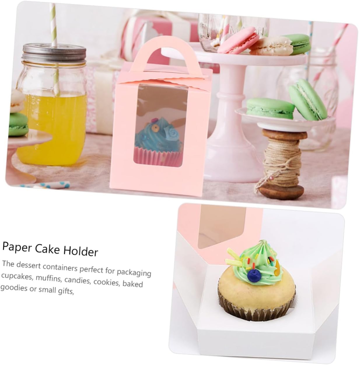 50pcs Pink Paper Muffin Containers with Window Handle, Single Cupcake Boxes Food Packaging for Party Cake Storage and Dessert Presentation