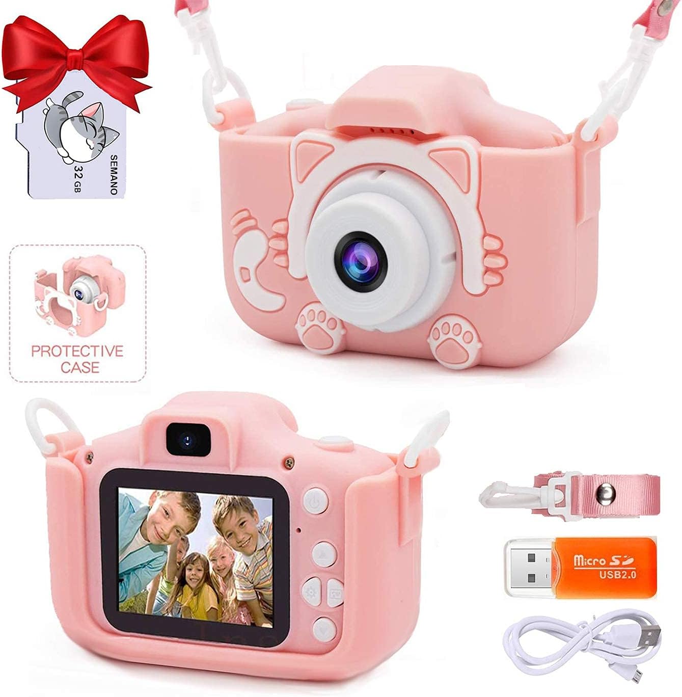 Upgrade Kids Selfie Camera, Christmas Birthday Gifts for Girls Age 3-9, 20MP 1080P HD Digital Video Cameras for Toddler, Portable Toy for 3 4 5 6 7 8 9Year Old Girl with 32GB SD Card-Pink