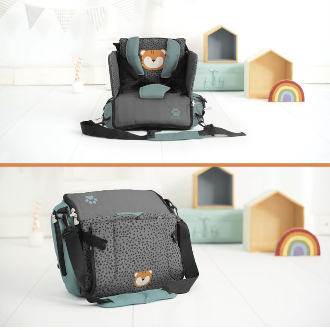 Olmitos - Asiento Elevador para Bebé 3 en 1 TIGER: Asiento, mochila y bandolera -Universal Correas Ajustable - Montaje Rápido - Bolsillos Prácticos - Trona portátil bebé - Trona de viaje(TIGER)