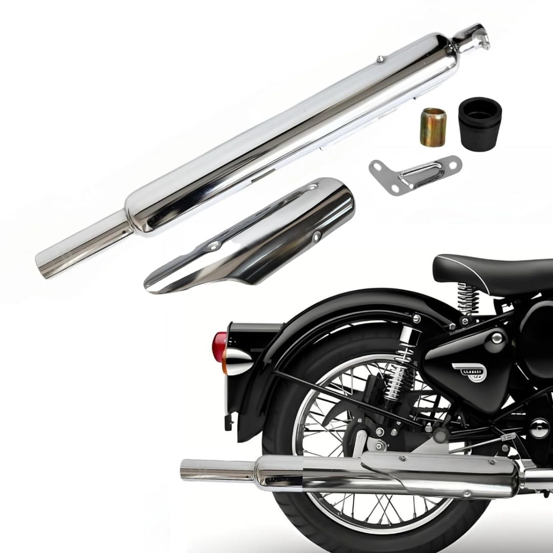Original Long Punjab Silencer Free Flow For Loud Sound For Royal Enfield Classic 350-500cc, Bullet Standard 350-500cc, Thunderbird 350-500cc Electra. (BS3-BS4, Chrome)