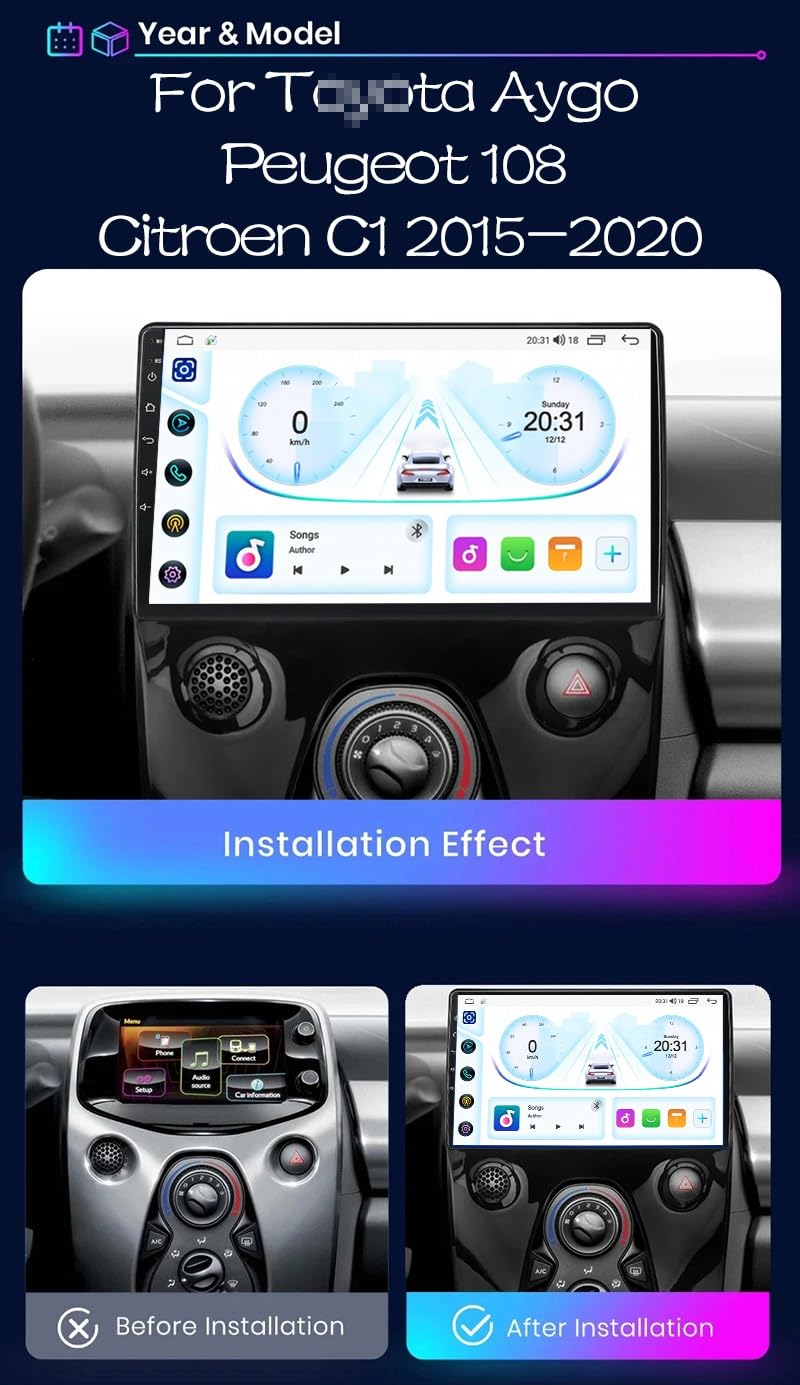 9-calowy dotykowy radio GPS dla Aygo Peugeot 108 Citroen C1 2015-2020, obsługuje BT WiFi Mirror Link 4G sterowanie z kierownicy(HM604 4 Core Wifi 2+64GB)
