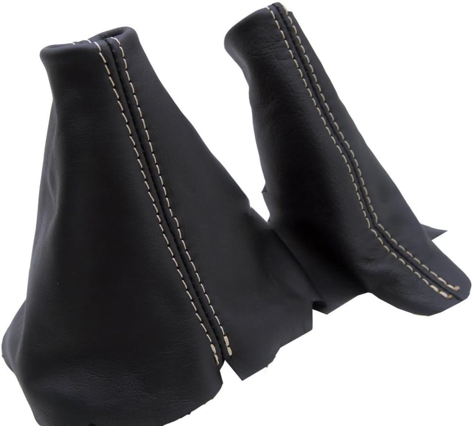 DSV Fits 1995-2004 Land Rover Discovery 200 300 TDI TD5 Real Black Leather Transfer case and ebrake Boot Set with Tan Stitching. (Leather Part Only)
