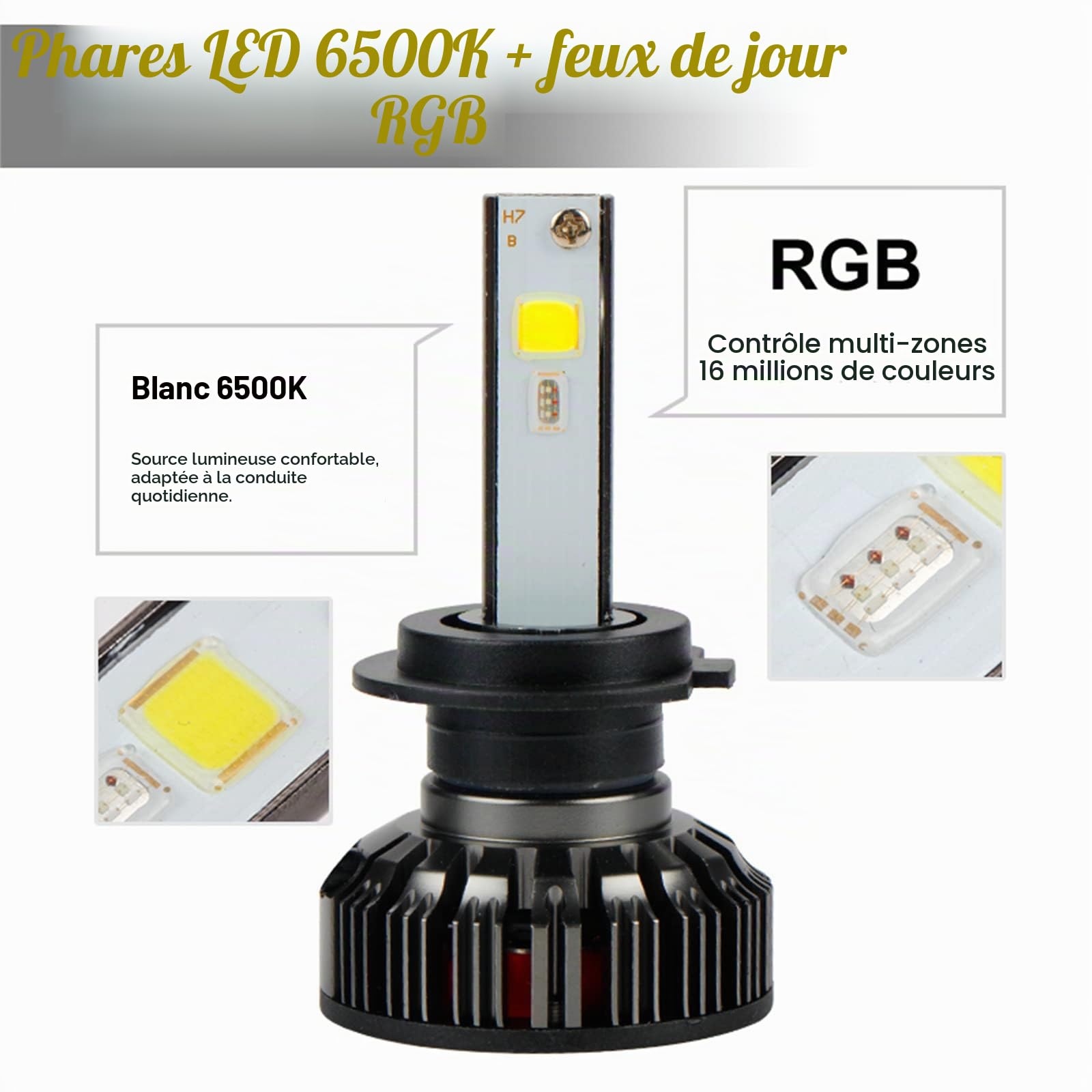 Kit De Conversion De Phare De Voiture RGB LED APP Bluetooth Control Car LED Light Headlamp Muticolor LED Ampoules, IP68 Étanche, Lot De 2,H7