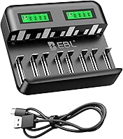 EBL 8-Bay LCD Battery Charger for AA AAA C D NiMH Batteries - Fast 2A USB Type C Input, Independent Slots