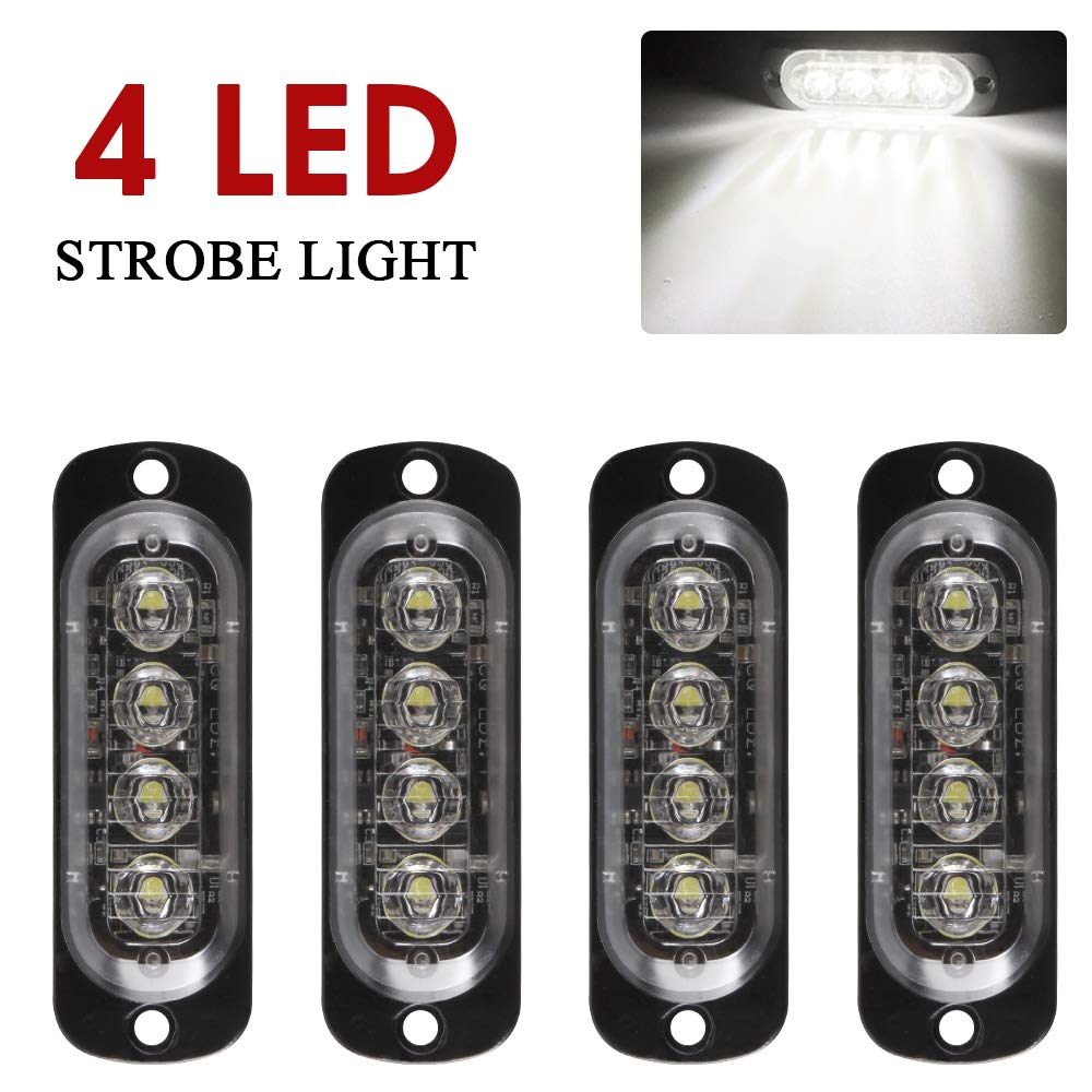 4Pcs 4LED Ultra Slim Emergency Hazard Flashing Light, White Strobe Caution Light Bar, Sync Feature Grille Lights, Truck 12-24V