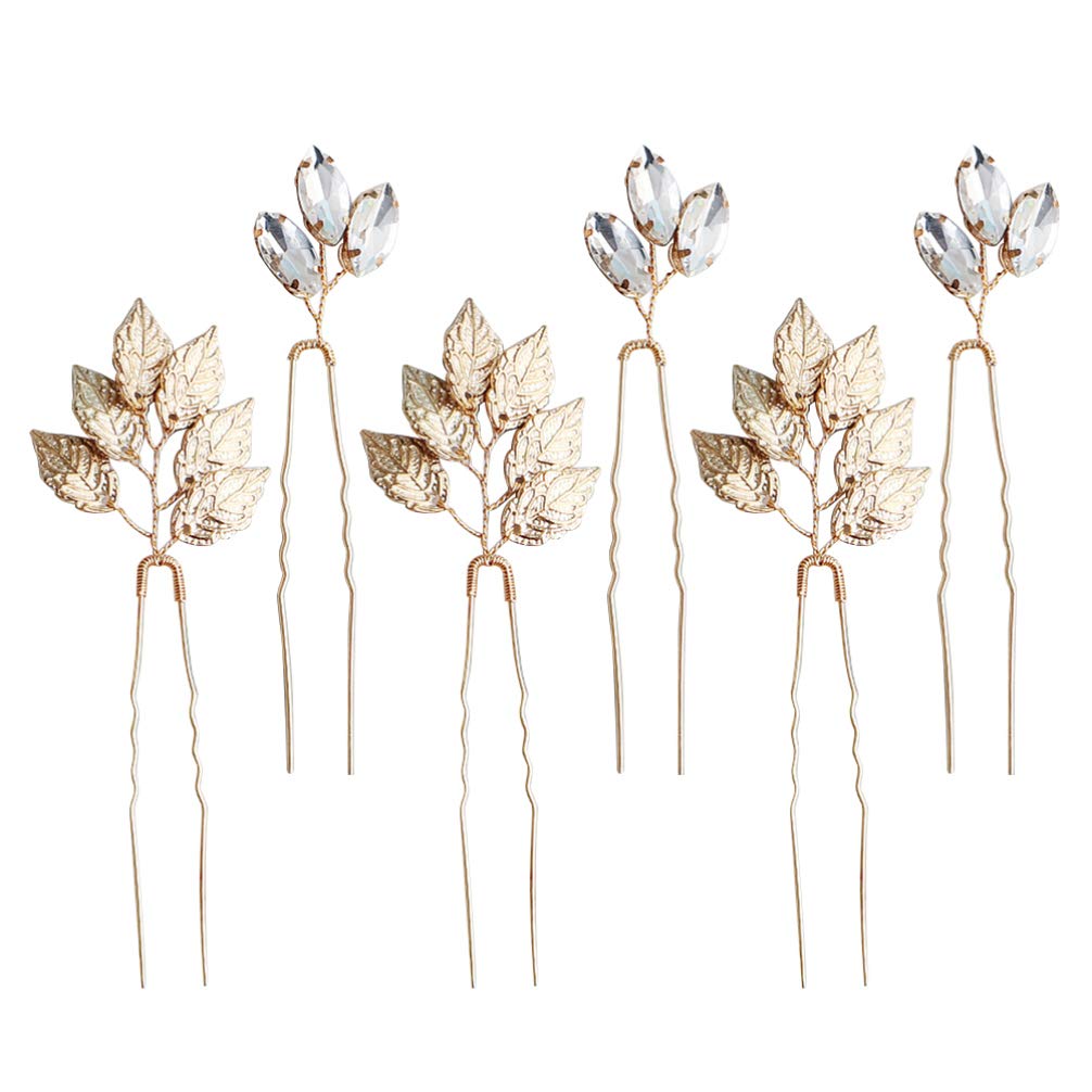 Lurrose 6 unids Horquillas de Novia Oro Cristal Hoja Horquillas Hoja de Boda Moño Broches para Las Mujeres