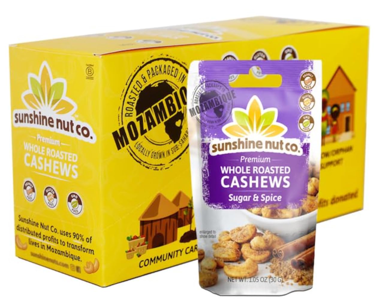 Sunshine Nut Company Whole Roasted Lightly Salted Cashews, Sugar and Spice Flavor, 12-Pack, 1.05 oz. Each, Gluten Free, Peanut Free and Vegan Individual Snack Packs for Kids and Adults, GMO Free