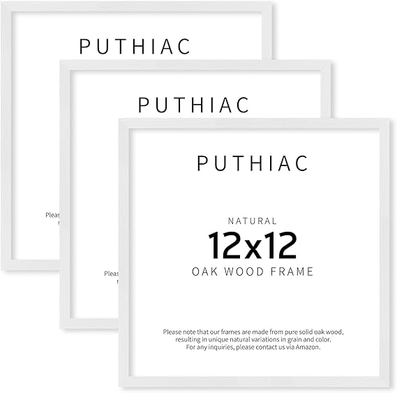 puthiac 12x12 White Oak Wood Picture Frame - Minimalist 12x12 Poster Frame, 12"x12" Picture Frame Wood, Natural Solid Wooden Picture Frames for Wall Art Photo and Prints (3 Pack, White)