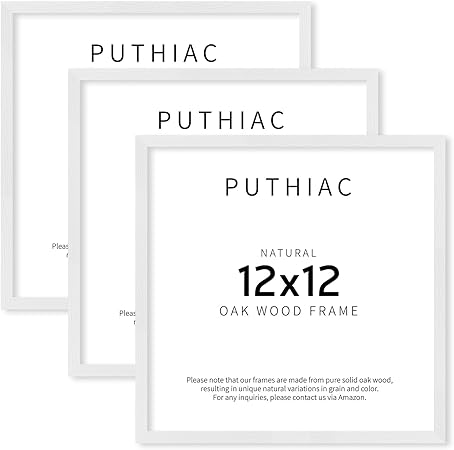 puthiac 12x12 White Oak Wood Picture Frame - Minimalist 12x12 Poster Frame, 12"x12" Picture Frame Wood, Natural Solid Wooden Picture Frames for Wall Art Photo and Prints (3 Pack, White)