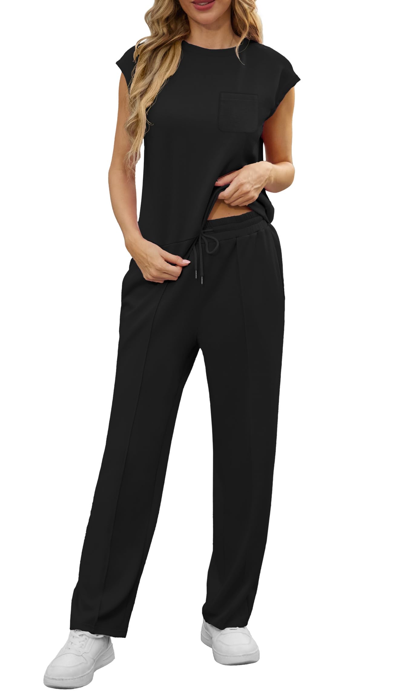 GRECERELLE Conjunto de dos piezas para mujer, conjunto completo de chándal de verano de manga corta para mujer, conjunto completo de ropa de descanso para mujer, cuello redondo, manga casquillo y