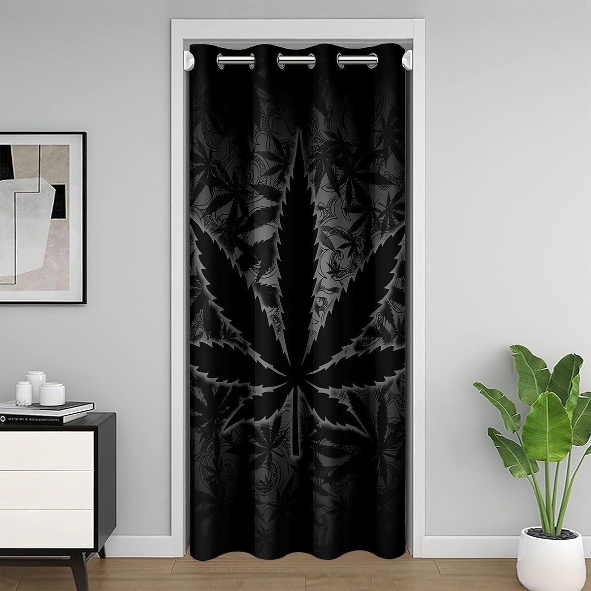 Castle Fairy Cannabis Leaves Door Curtain,Trippy Leaf Boho Closet Door Cover Curtain for Living Room Mysterious Black 30%-50% Room Blackout Curtain 60x80 Inch 1 Panel