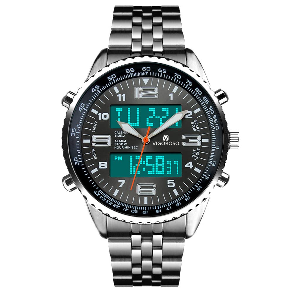 VIGOROSO Orologio da uomo analogico digitale a LED, con data, settimana, sportivo, in acciaio nero, da uomo