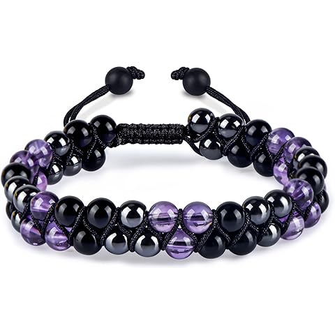 Triple Protection Bracelet for Women, Genuine Healing Crystal Bracelet Amethyst Black Obsidian Hematite 6mm, Pyramid Energy Crystal Beads Bracelet Christmas Gifts for Mom Wife for Protection Balance