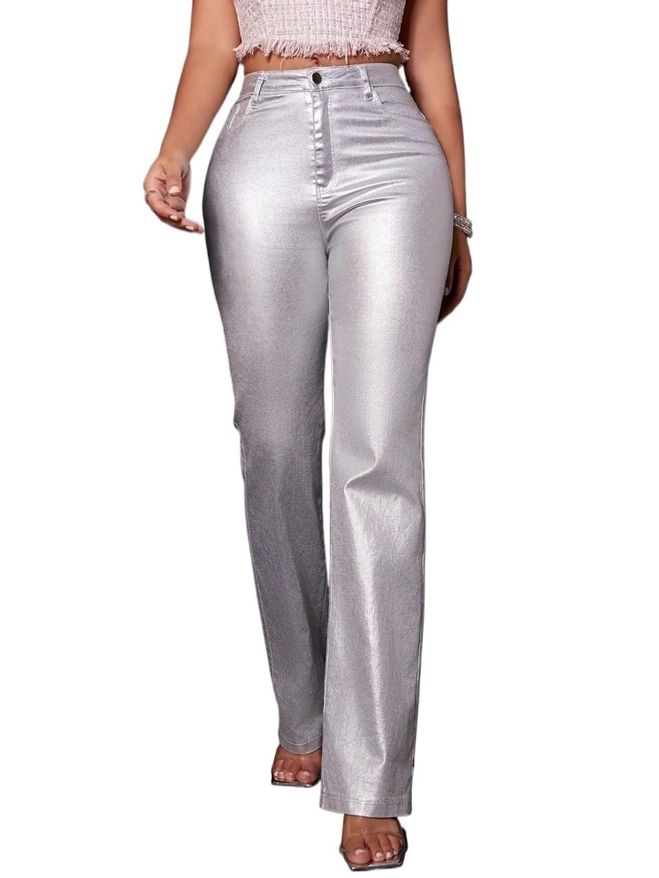 Wocrolse Pant Trousers for Women High Waist Pocket PU Leather Straight Leg Pants Casual Outfits