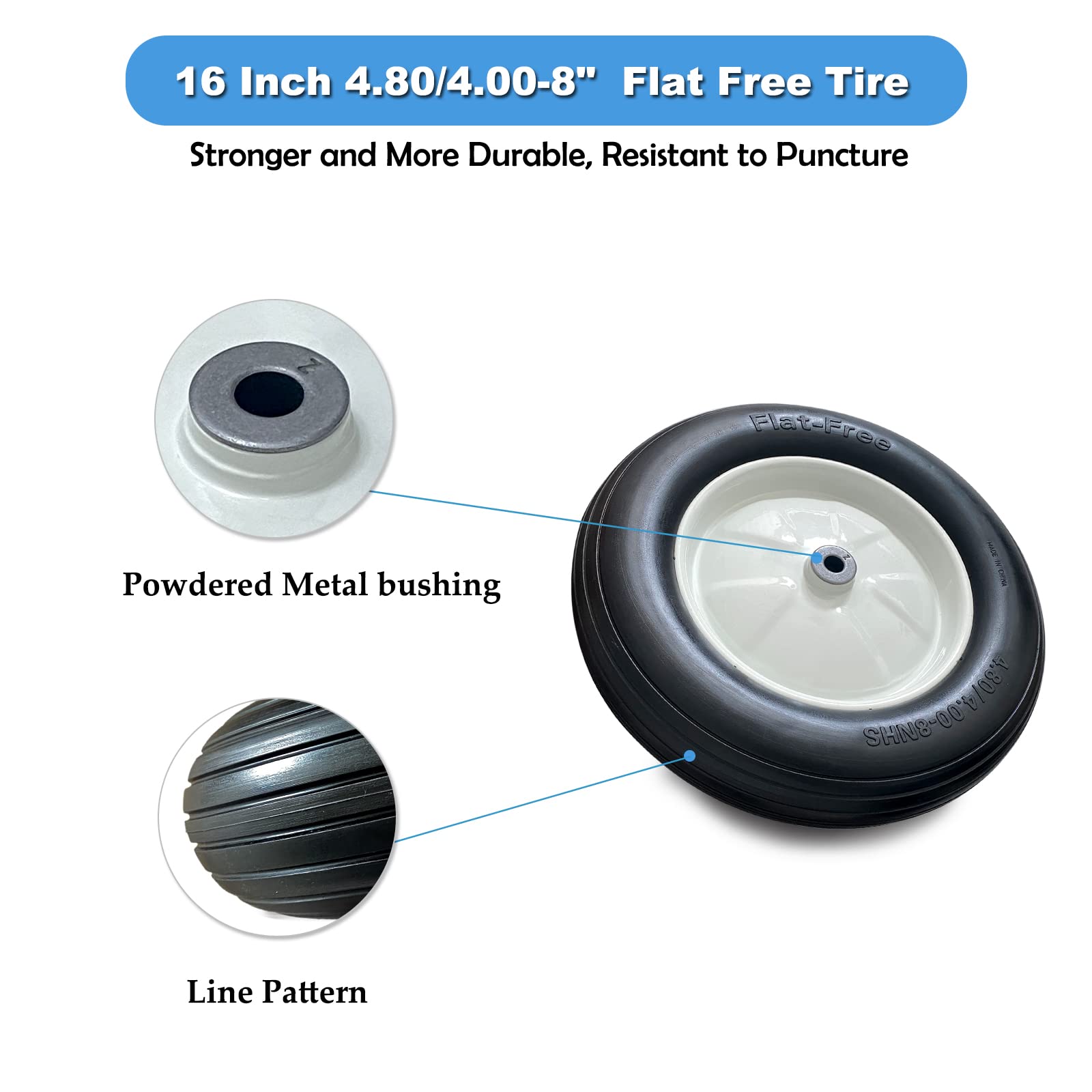 4.80/4.00-8" Flat Free Tire and Wheel,16" Universal Solid Replacement Wheelbarrow Wheel,Steel Rim with 5/8" & 3/4" Bearing and 3"- 6"Center Hub, for Wheelbarrow,Garden and Utility Carts,Trolleys,Wagon